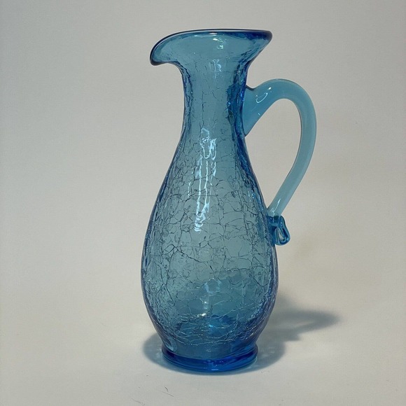 Vintage Blue Crackle Glass Pitcher MCM 5.5” Inches Beautiful Sapphire Glass! - Picture 1 of 6
